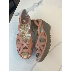 Fly London Yadi Pink Leather Caged Platform Wedge Sandals EU 38 (7-7.5)